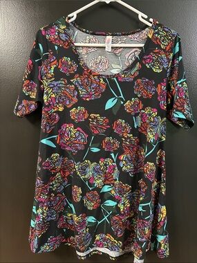 LuLaRoe Black Multicolor Floral Scoop Neck Tee